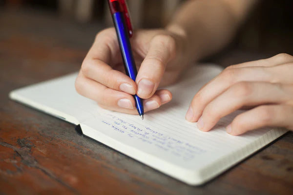 Human writing in journal using  blue pen